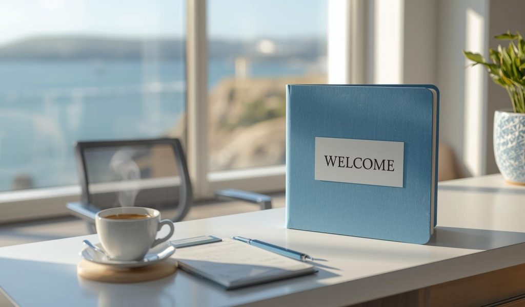 photo chaleureuse et professionnelle pour illustrer l’onboarding _ dans un bureau moderne et lumineux proche de la mer (inspiration Bretagne). Sur une table d’accueil élégante, un dossier de bien